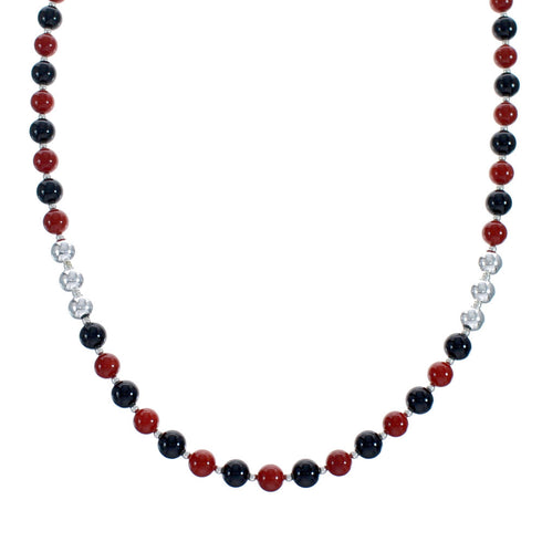 Sterling Silver Coral And Onyx Navajo Bead Necklace JX126734